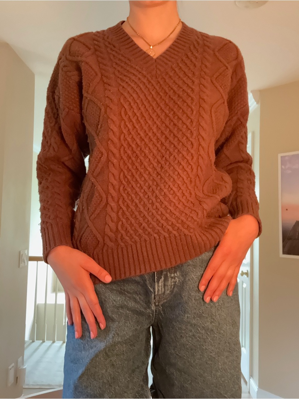 Sunday Best Cable Knit V-Neck Sweater in Rust Brown - Picture 3 of 5